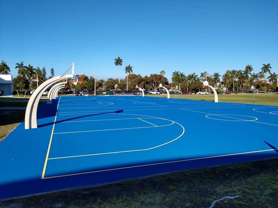 Blue basketball courts in a park lined with palms