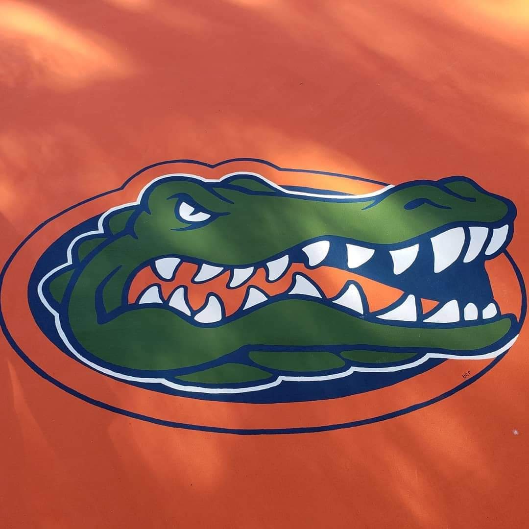 Hand-painted Florida Gators logo on an orange court surface