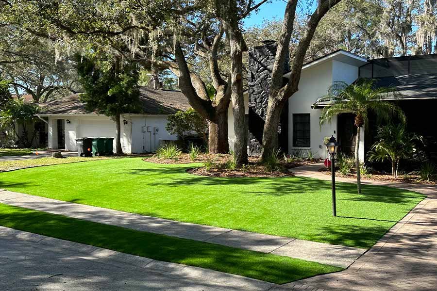 Synthetic turf front lawn under live oaks along a curved driveway