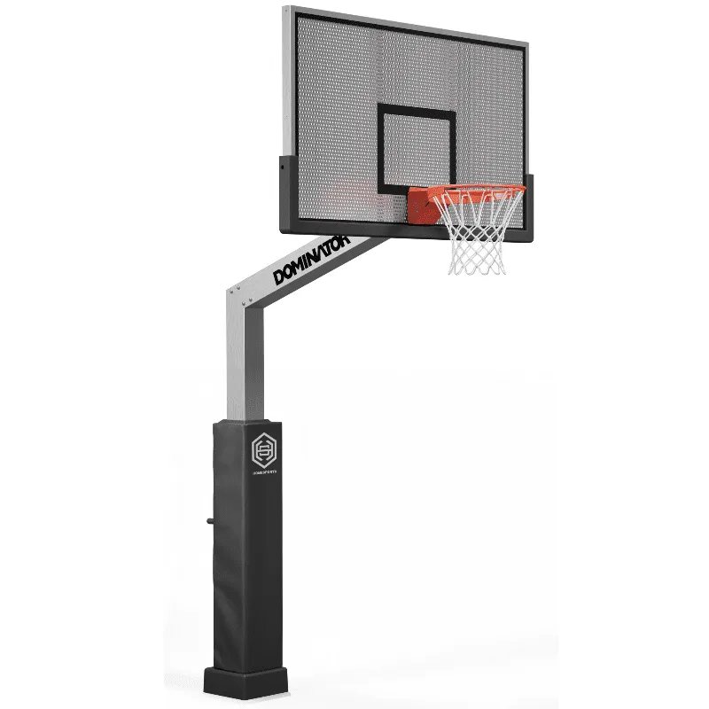 In-ground basketball goal with a glass backboard and pole pad