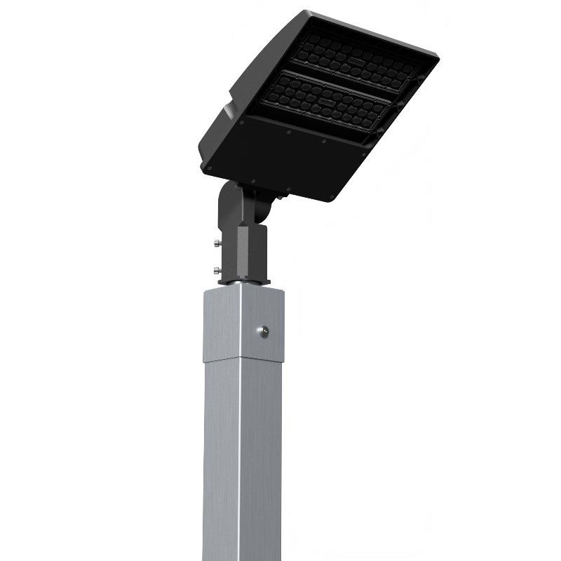 LED sports light fixture mounted on a square aluminum pole