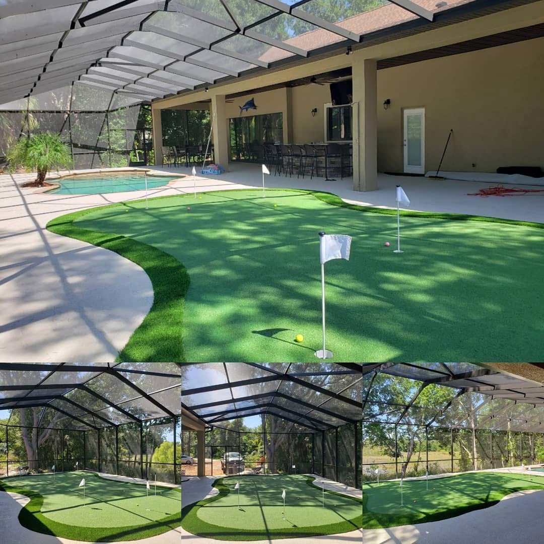 Putting green flowing under a screened pool enclosure