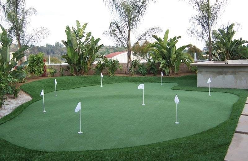 Multi-hole putting green ringed by palms and banana plants